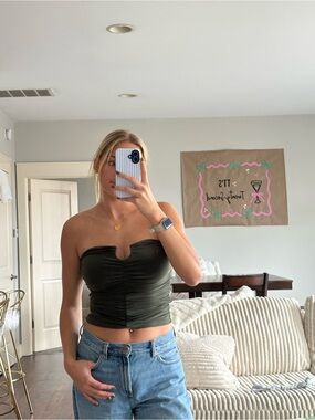 Urban Outfitters Olive Green Strapless Ruched Tube Top